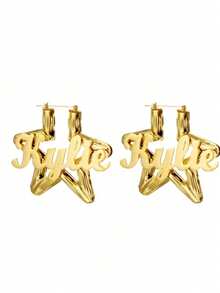 Customized 80mm Bamboo Knot Name Stainless Steel Hoop Earrings For Women, Custom Letter Star Earrings, Star Design Jewelry Gift For Women Stylish,Fall Fashion,Vintage,Old Money,,2000s Fashion,Y2k Custom,Personalized,Unique Ideal Gifts For Her Girlfriend,Mom,Family,Friends,Daughter For Anniversaries,For Birthdays,For Daily Wear,For Prom,For Mother's Day,For Valentine's Day,For Graduation,For Weddings,For Party,For Dressy Outfits - Vàng - Xem 7