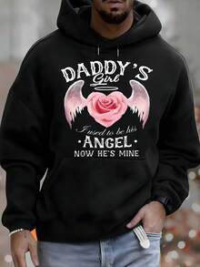 Daddy's Girl I Used To Be His Angel Now He's Mine Men's Hoodie With Rose Wing Print, Versatile Autumn And Winter Casual Top, Suitable For Leisure And Sportswear, Fashion Gift, Best Choice For Holiday Gifts. - 黑色 - 查看 1