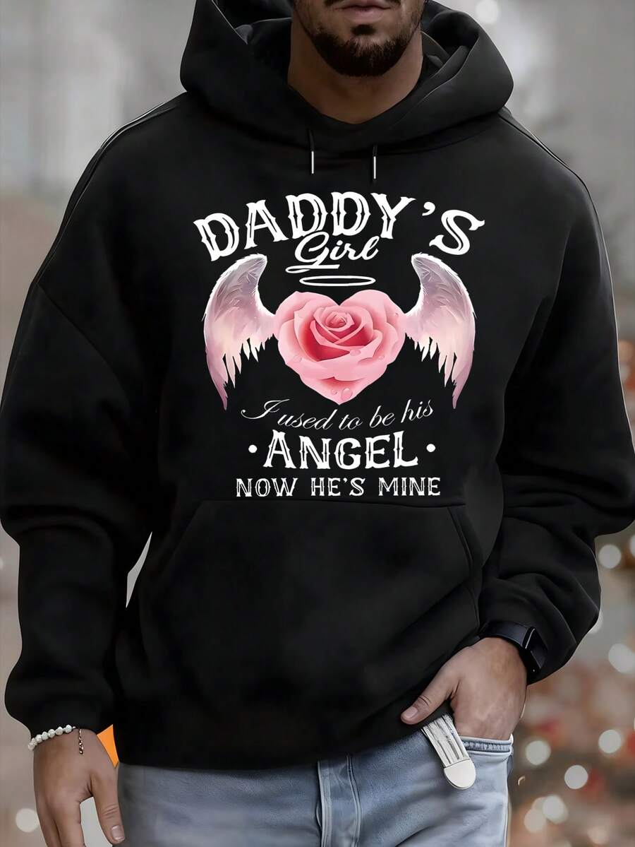 Daddy's Girl I Used To Be His Angel Now He's Mine Men's Hoodie With Rose Wing Print, Versatile Autumn And Winter Casual Top, Suitable For Leisure And Sportswear, Fashion Gift, Best Choice For Holiday Gifts. - 黑色 - 查看 1