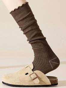 2双装女士袜子，秋冬季，适合搭配骑马靴，时尚纯色荷叶边过膝袜，舒适保暖。 - 彩色 - 查看 2