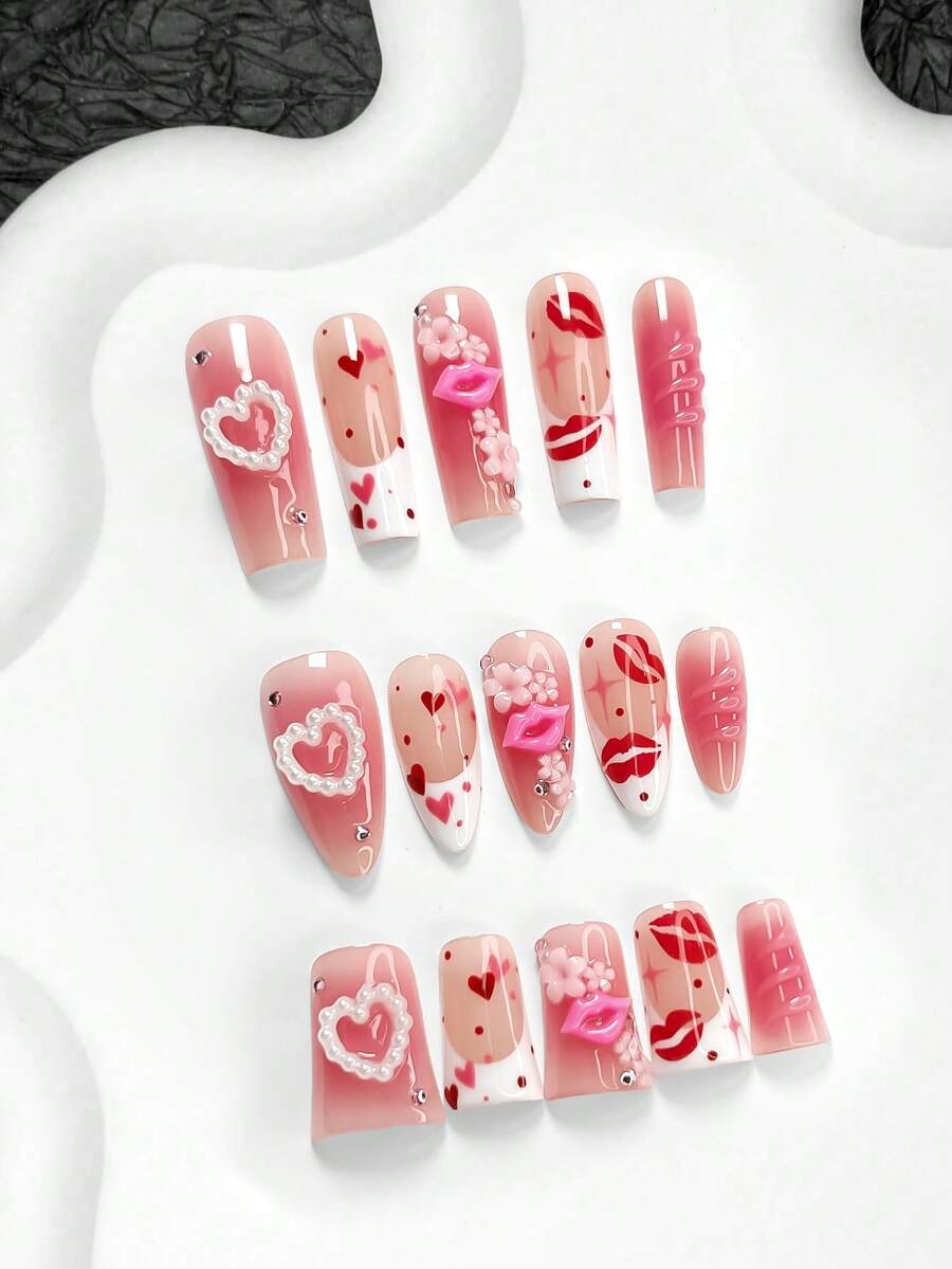 10pcs Rose Pink Valentine's Day Nail Art Set, Hand-Painted Heart Pattern False Nails, French Press-On Nails, Heart, Lip, Flower Nail Stickers, Gel Manicure Set, Sweet & Elegant, Includes Nail Tools (1 Jelly Sticker + 1 Nail File), 3 Sizes Available: Almond, Duck Mouth, Coffin, Suitable For Parties, Anniversaries, Valentine's Day, Daily Nail Care. - 彩色 - 查看 1