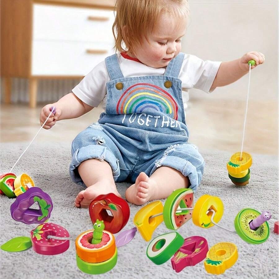 Juego de cuentas de oruga con frutas - Ensartar y enhebrar frutas, juguete educativo y divertido para el desarrollo de la motricidad fina de niños pequeños - Multicolor - Ver 1