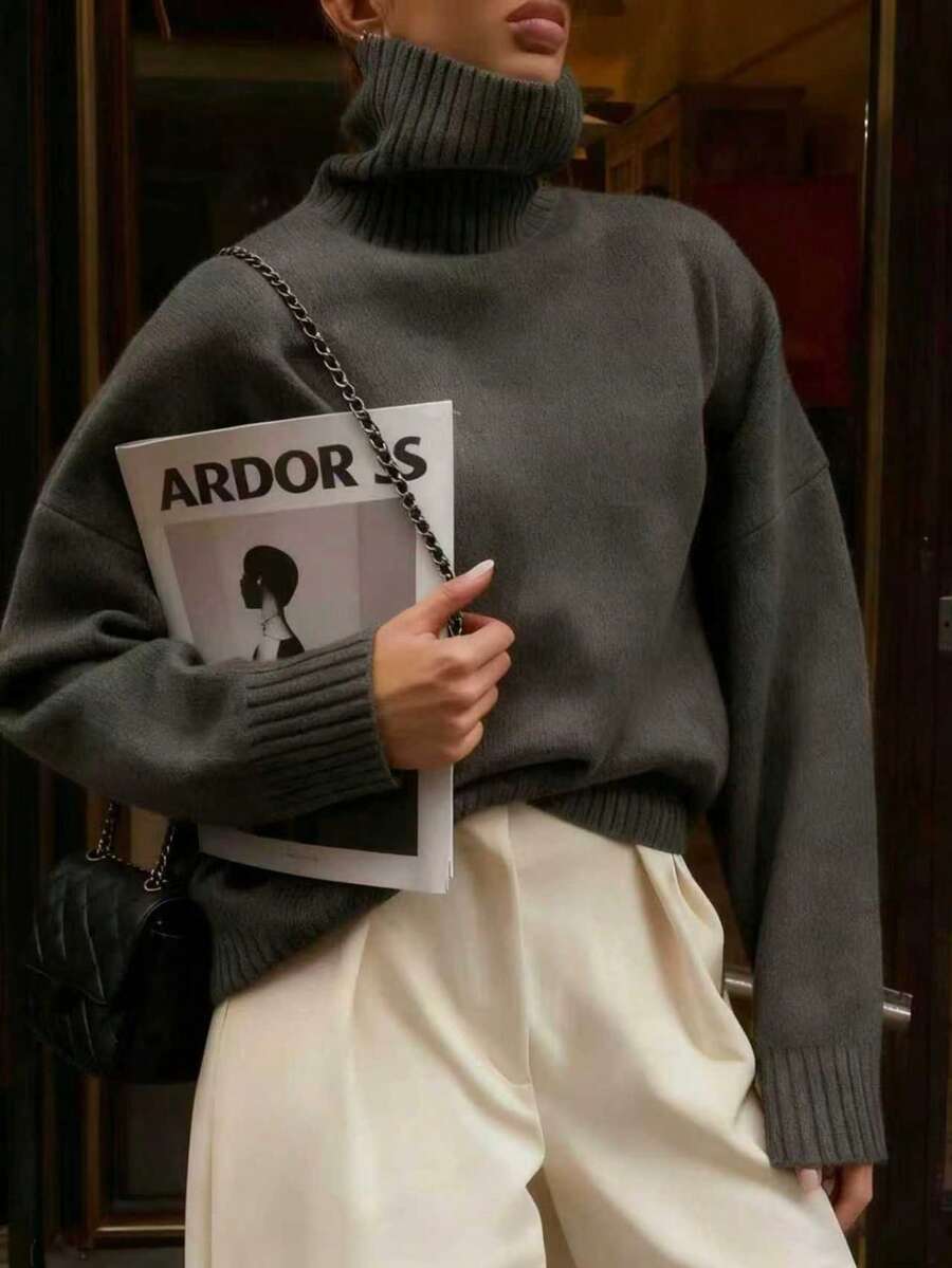 Women's Casual Loose Knit Pullover Sweater, Gray, Elegant Urban Fashion For Autumn/Winter, Comfortable Relaxed Fit Knit Top, High Neck Long Sleeve Sweater, 2025 Autumn/Winter New Arrival - Grey - View 1