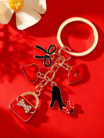 1pc Elegant Alloy Keychain With Red Lip And Bow Design, Love Theme Keyring, Women's Handbag Accessory, Ideal Gift For Valentine's Day