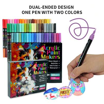 120色双头丙烯马克笔，配有柔软的笔头，细头和粗头，多功能美术用品套装，适用于工艺品制作、绘画、织物和岩石彩绘。