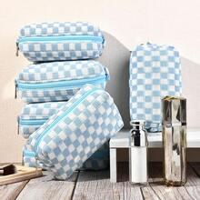 Checkered Makeup Bag Preppy Cosmetic Bag Bulk Blue Makeup Pouch Travel Toiletry Bag Organizer Cute Makeup Brushes Storage Bag Women Fashion - 柔白 - 查看 7