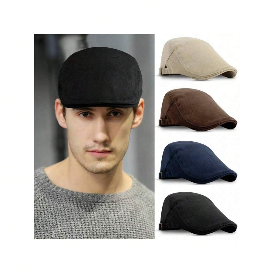 Adjustable Men's Cotton Beret Cap - Vintage Beret For Men Hand Washable, Easy Care Adjustable Casual Newsboy Hat - Black - View 1