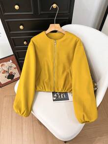 GMFP Women's Spring/Summer Casual Elegant Fashion Loose Soft Solid Color Zipper Casual Long Sleeve Jacket With Pockets, Yellow Bomber Jacket, Suitable For Music Festivals/Wedding Season - Yellow - View 2