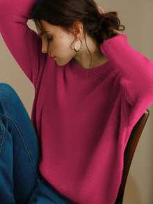 Knit Mix 优雅女士针织法式通勤毛衣，休闲宽松长袖圆领套头衫，适合秋冬季节、圣诞节、感恩节、新年、情人节等节日穿着，也是返校季和秋季的理想之选。 - 樹莓紅色 - 查看 4