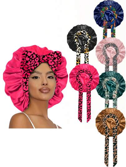 1件装奢华缎面真丝睡帽 - 可调节蝴蝶结系带，荷叶边贴合设计，男女通用，夜间保护头发，柔软奢华的质感，男女皆宜（随机印花图案）