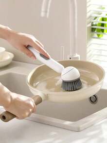 Long Handle Rotary Pot Brush With Liquid Dispenser, Kitchen Cleaning Tool. Liquid Dispenser Design For Convenient Liquid Discharge. Brush Head With Built-In Cleaning Liquid Storage Space, Press To Squeeze Out Cleaning Agent, Keeping Hands Clean. 360° Rotatable Brush Head Can Flexibly Fit The Inner Wall And Bottom Of Pots. Soft Fiber Bristles. Suitable For Daily Kitchen Cleaning: Applicable To Woks, Soup Pots, Frying Pans And Other Cookware. Can Also Be Used To Clean Tableware, Sinks And Other Kitchen Items. - Multicolor - View 3