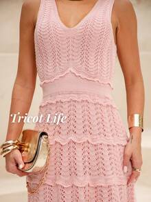 Women's Midi Dress, Knit, Summer, Crochet, Ruffles, Party, Beach, Elegant, Christmas, New Year's Eve, Premium - 淺粉色 - 查看 2