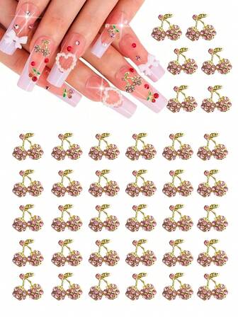 10pcs Cherry Rhinestone Nail Art Pendant, 3D Cherry Pendant, Pink With Gold Base, Alloy Gemstone Nail Art Decoration, Nail Art Accessories For Women