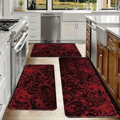 3pcs Elegant Burgundy Floral Kitchen Floor Mats - Durable, Easy To Clean, Rectangular Polyester Mats For Kitchen, Bathroom, Dining Room - Indoor & Outdoor Use, Kitchen Floor