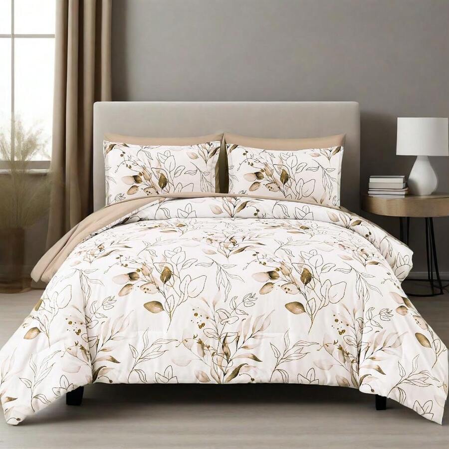 3 Pieces Comforter Set Queen King Size, Brown Leaves Bed In A Bag Blue Comforter Set, Soft Lightweight Bedding Set (1 Comforter, 2 Pillowcases),Wedding Items,Valentines Day Home Bed Room Decor,Easter Ramadan Gifts, All Season - 棕色 - 查看 1