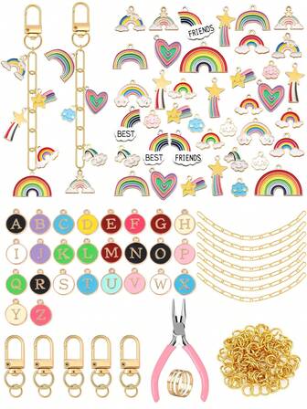彩虹DIY钥匙扣制作套装，包含随机彩虹合金吊坠、钥匙扣、延长链、开口圈和珠宝钳，创意DIY珠宝配件