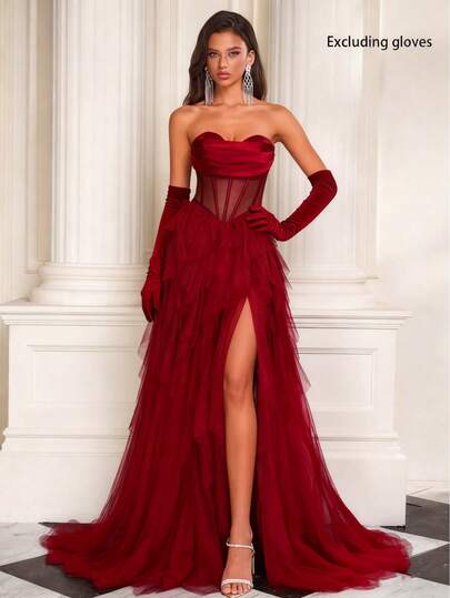 Röd mesh fransk fiskstjärtklänning med lätt cocktailmönster, elegant axelbandslös prinsessklänning, charmig och sexig, lämplig för jul, bröllop, cocktailpartyn och andra kvällsevenemang