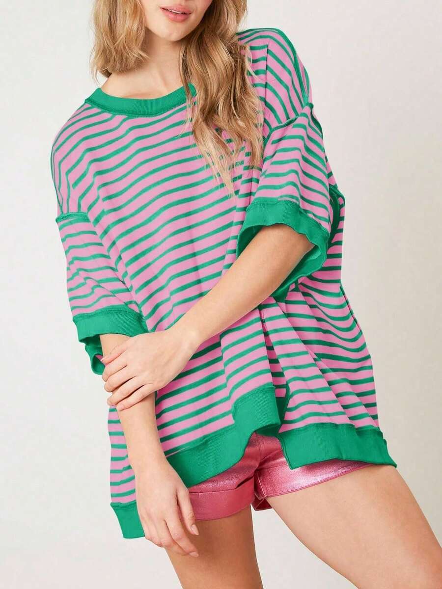 Womens Oversized Striped Color Block Crewneck Cotton T Shirts Summer Casual Loose Half Sleeve Top - Màu xanh pastel - Xem 1