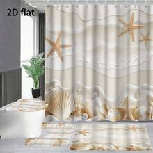 1/4 piezas Cortina de ducha de poliéster de alta calidad con impresión, diseño moderno de estrellas de mar y conchas, resistente al agua y duradera, incluye ganchos y forro, adecuada para la decoración del baño - multicolor - Ver 6