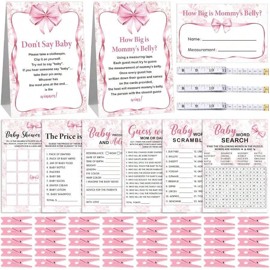 Baby Shower Games 407 Pcs Coquette Pink Bow  Shower Games 8 Games  Shower Word Scramble Word Search Predictions And Advice The Price Is Right How Big Is Mommy's Belly - Pink - View 1