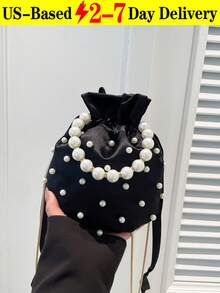 Mini Pearl Handbag Bucket Bag Stylish And Elegant Shoulder Bag Crossbody Bag Pearl Beaded Evening Bag Clutch Wallet Chain Bag Soft Satin Material Suitable For Commuting, Gatherings, Dinners, Parties And Other Occasions Christmas Gift Birthday Gift Perfect Choice For Women's Graduation Gifts Valentine's Day Gifts - màu đen - Xem 1