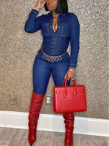 Valentine's Day, Date Night Outfit, Gifts For Her Women's Party Style Long Sleeve Denim Jumpsuit With Collar Button Front And Pockets Slight Stretch Long Length - Màu xanh lam - Xem 4