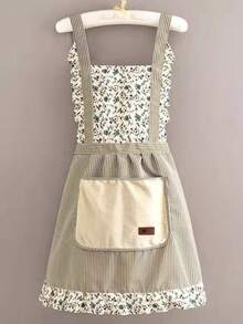 1 件透气碎花厨房围裙，无袖口袋围裙带围兜，女士防水烹饪围裙，夏季 - 綠色 - 查看 4