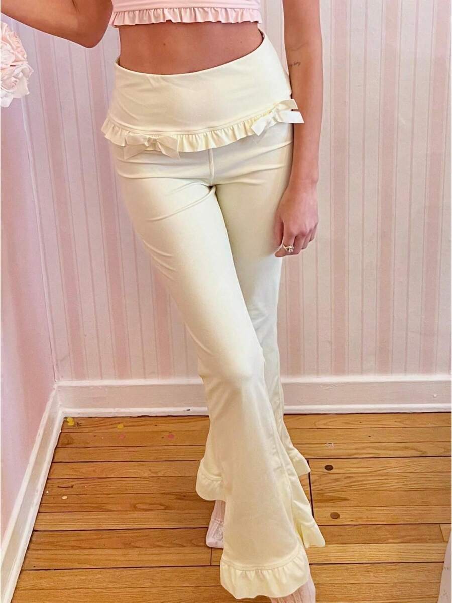 Women Y2k Ruffled Flared Yoga Pants Solid Color Slim Fit High Rise Elastic Waistband Trousers For Yoga Fitness Leggings Casual Wear - 白色 - 查看 1