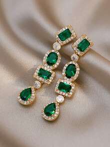Andkiss Rhinestone Geo Drop Earrings - Green - View 2
