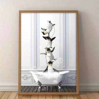 1PC Optional Penguin Printing Murals In Wooden Frame Bathtubs, Penguin Photos, Penguin Art, Murals, Living Room, Bedroom, Home Decoration, Animal Decoration Paintings, Interesting Murals, Modern Painting Prints, Creative Gifts