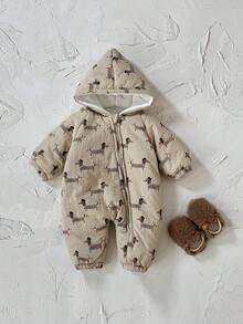 Newborn Baby Boy Cartoon Dog Print Zip-Up Hooded Jumpsuit, Thick & Warm For Winter - Ginger - View 7