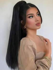 18 Inch Ponytail Hair Extensions, Drawstring Long Straight Synthetic Hairpiece, Natural Soft Clip-In Hair Extensions - Dark Brown - Multicolor - View 2