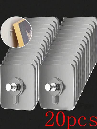 10/20/30pcs Transparent Photo Frame Hooks, Strong Self-Adhesive Frame Hangers, Damage-Free Hooks, Suitable For Photo Albums And Artwork, No Drilling Required, Bathroom And Kitchen Wall Hooks, Applicable To Glass/Tile/Wood/Metal Surfaces