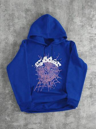 Herren Hoodie Top im Y2K Muster für Herbst und Winter, leicht dehnbar in Slim Fit mit samtblauem Pullover, langärmlig, lässiger Alltags-Kapuzenpullover für die Rückkehr zur Schule