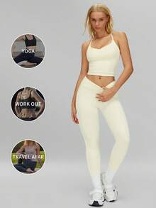 مجموعة سترة وبنطلون رياضي للنساء من MFVIM، باللون الأصفر الفاتح مع تباين لوني، بتصميم رياضي مكون من قطعتين، بخامة مرنة عالية وظهر مفتوح، مناسب للرياضات الخارجية كالتنس والجولف والرياضات الأخرى، بطقم بنطلون طويل - لون شمبانيي - مشاهدة 1