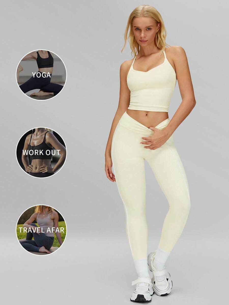 مجموعة سترة وبنطلون رياضي للنساء من MFVIM، باللون الأصفر الفاتح مع تباين لوني، بتصميم رياضي مكون من قطعتين، بخامة مرنة عالية وظهر مفتوح، مناسب للرياضات الخارجية كالتنس والجولف والرياضات الأخرى، بطقم بنطلون طويل - لون شمبانيي - مشاهدة 1