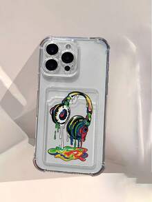 Funda de Teléfono Personalizada con Patrón de Auriculares, Funda Transparente Antigolpes de Cuatro Esquinas con Soporte para Tarjetas, Funda de Teléfono de TPU Suave que Puede Acomodar Tarjetas de Identificación y Tarjetas de Crédito, Protección Completa de Lente, Compatible con iPhone 16/16 Pro/16 Pro Max/16 Plus/15/15 Pro/15 Pro Max/15 Plus/14/14 Pro/14 Pro Max/14 Plus/13/13 Pro/13 Pro Max/12/12 Pro/12 Pro Max - transparente - Ver 1
