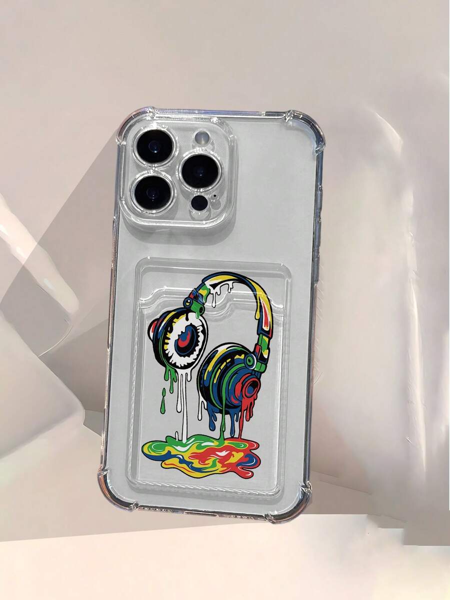 Funda de Teléfono Personalizada con Patrón de Auriculares, Funda Transparente Antigolpes de Cuatro Esquinas con Soporte para Tarjetas, Funda de Teléfono de TPU Suave que Puede Acomodar Tarjetas de Identificación y Tarjetas de Crédito, Protección Completa de Lente, Compatible con iPhone 16/16 Pro/16 Pro Max/16 Plus/15/15 Pro/15 Pro Max/15 Plus/14/14 Pro/14 Pro Max/14 Plus/13/13 Pro/13 Pro Max/12/12 Pro/12 Pro Max - transparente - Ver 1