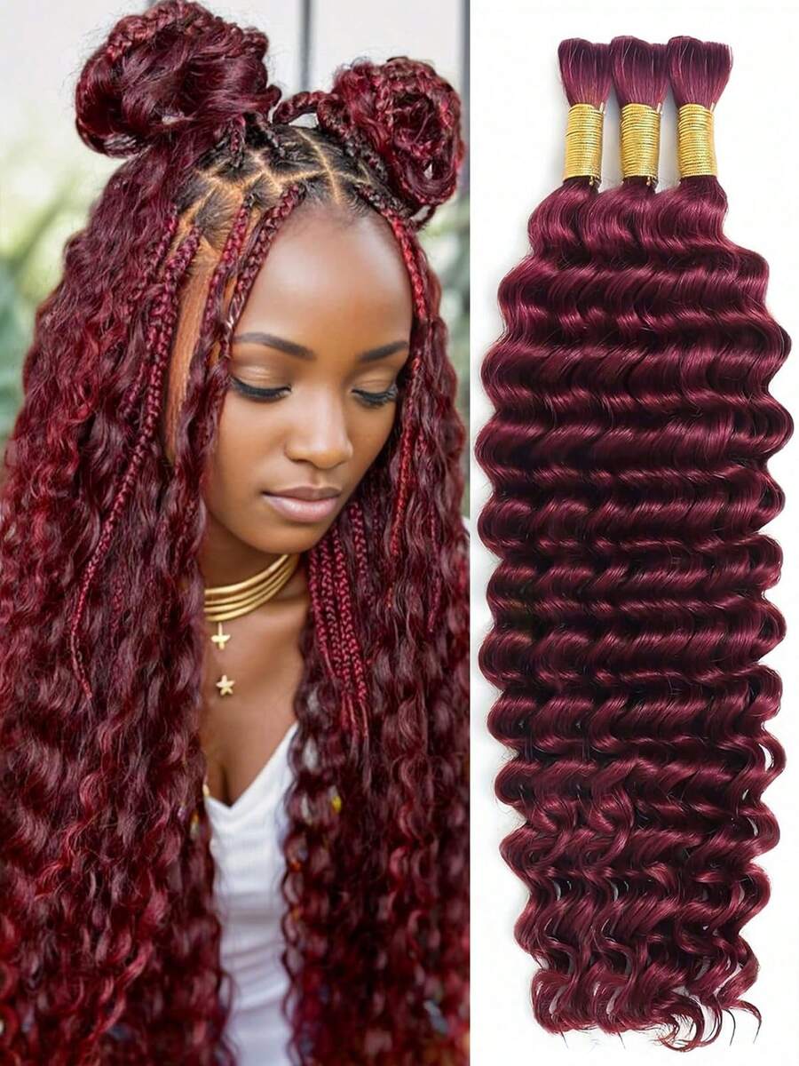 Christmas Gifts 30 Inch 3 Bundles Burgundy Deep Wave Human Braiding Hair 50g/Bundle For Boho Braids Loose Deep Wave Bulk Human Hair 99J Curly Hair For Boho Braids Extensions Hair No Weft 12A Wet And Wavy Human Hair Braiding Hair 1 Or 2 Or 3 Bundles/Pack Burgundy - S99J - Xem 1