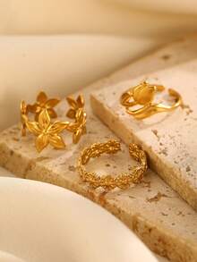 1 Set de Anillo Abierto con Diseño Floral, Clásico Simple y Versátil de Moda Casual de Alta Gama, Adecuado para Uso Diario de Mujeres, Festivales y Fiestas - Dorado 1 - Ver 3