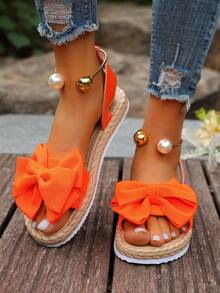 Bow Flower Decor Women's Slip-On Beach Sandals, Sweet Fairy Style, Versatile, Non-Slip Soft Sole, Summer Beach Vacation - Orange - View 3