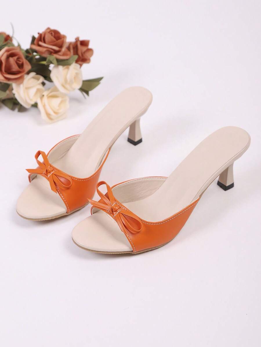 Giày cao gót đế xuồng thời trang và thanh lịch mới dành cho nữ, thiết kế mũi hở trang trí nơ xinh xắn, màu trơn, thích hợp diện với váy đầm trong những dịp trang trọng hoặc thường ngày - Màu đỏ cam - Xem 1