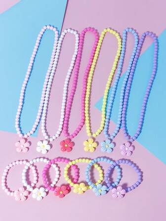 12pcs Cute Flower Beaded Bracelet, Necklace, Anklet Jewelry Set, Suitable For Girls Everyday, Festival, Birthday, Party Wear