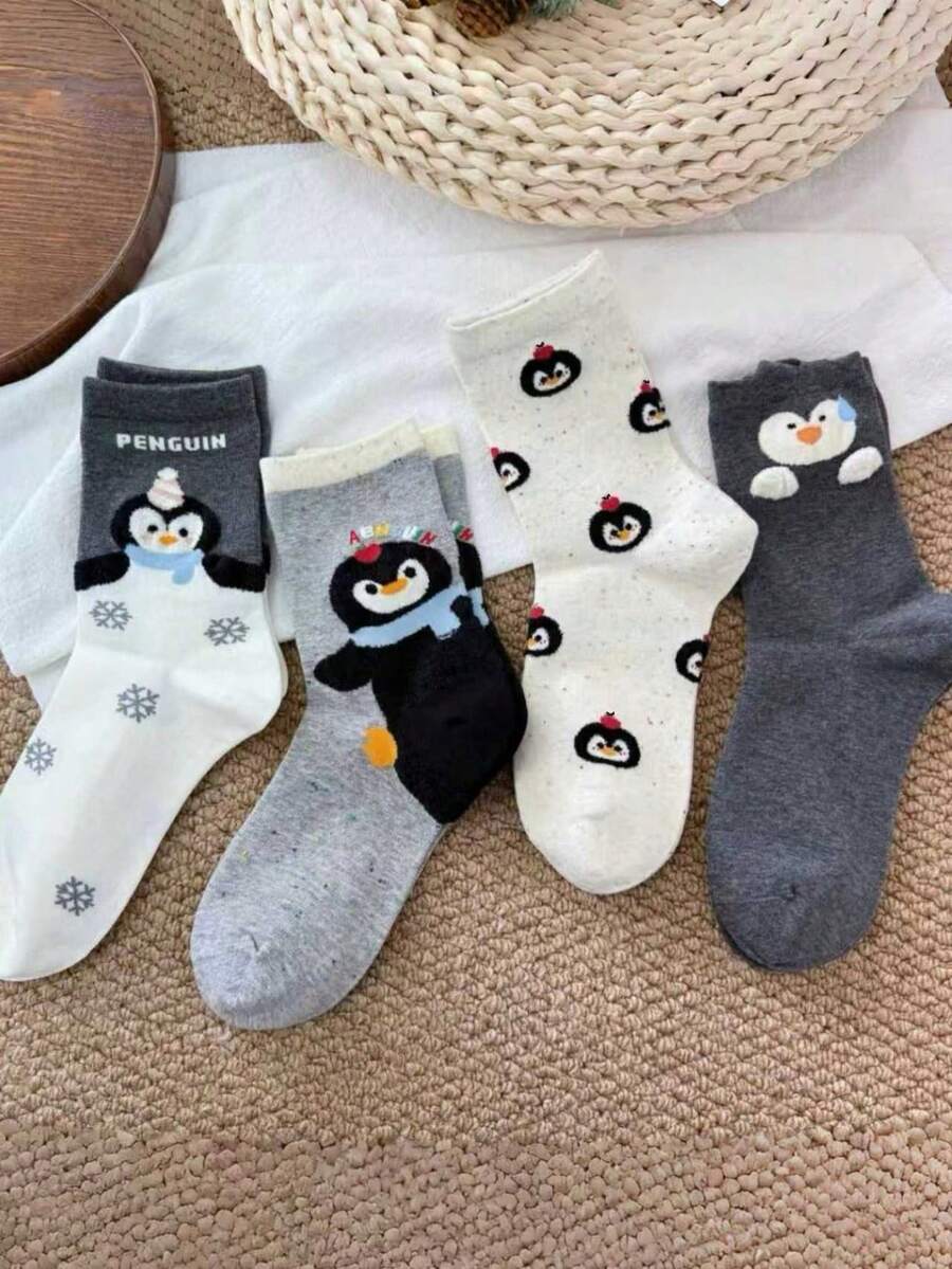 1/4 双可爱卡通企鹅百搭舒适中筒袜，秋冬圣诞礼物 - 彩色 - 查看 1