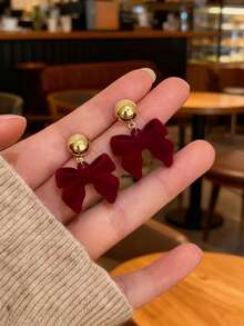 1 Pair Red Velvet Bowknot Heart Earrings With Elegant Pearl Heart Dangle