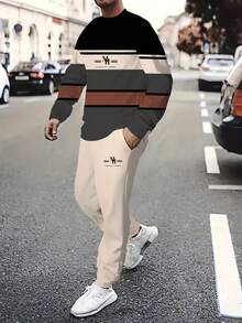Plus Size Men's Crew Neck Sweatsuit, Spring & Autumn Striped Patchwork "MH" Letter Graphic 2-Piece Set - Plus Size Loose Fit, Comfortable Casual Long Sleeve T-Shirt + Jogger Pants, Streetwear Versatile - Multicolor - View 2
