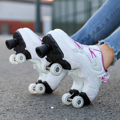 1 Pair Unisex Roller Skates, 4-Wheel Transformable Shoes With Brakes, Suitable For Skating, Teens Sports Shoes Gift