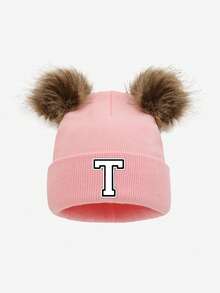 1pc Unisex Pink Personalized 26 Letter Print Faux Fur Pom Pom Knit Beanie Hat, Soft Warm Fashionable All-Match Cold-Proof Accessory, Suitable For Autumn/Winter Outdoor Daily Use, Great As Gift
