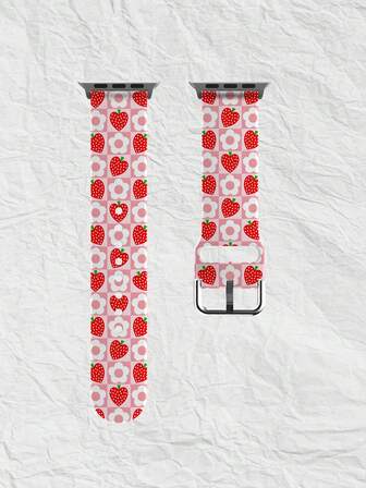 1pc Plaid Heart Strawberry & Floral Pattern Soft Elastic Breathable Replacement Watch Band, Suitable For Samsung, Garmin, Honor Smartwatches, 38mm 40mm 41mm 45mm 44mm 42mm 49mm, Fashionable Casual Multi-Color Silicone Watch Strap