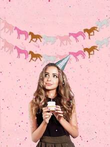 2条粉色闪光马主题横幅 - 马花环横幅，马主题生日派对装饰，赛马横幅，纸质花环，农场主题装饰，适用于生日、婚礼派对，预组装悬挂装饰，结婚纪念日，订婚/求婚派对用品，浪漫派对装饰